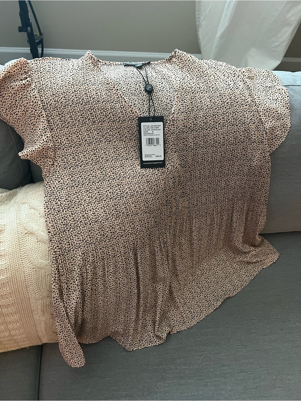 Adrianna Papell Pink and Black Printed Pleated Short Sleeve Blouse
